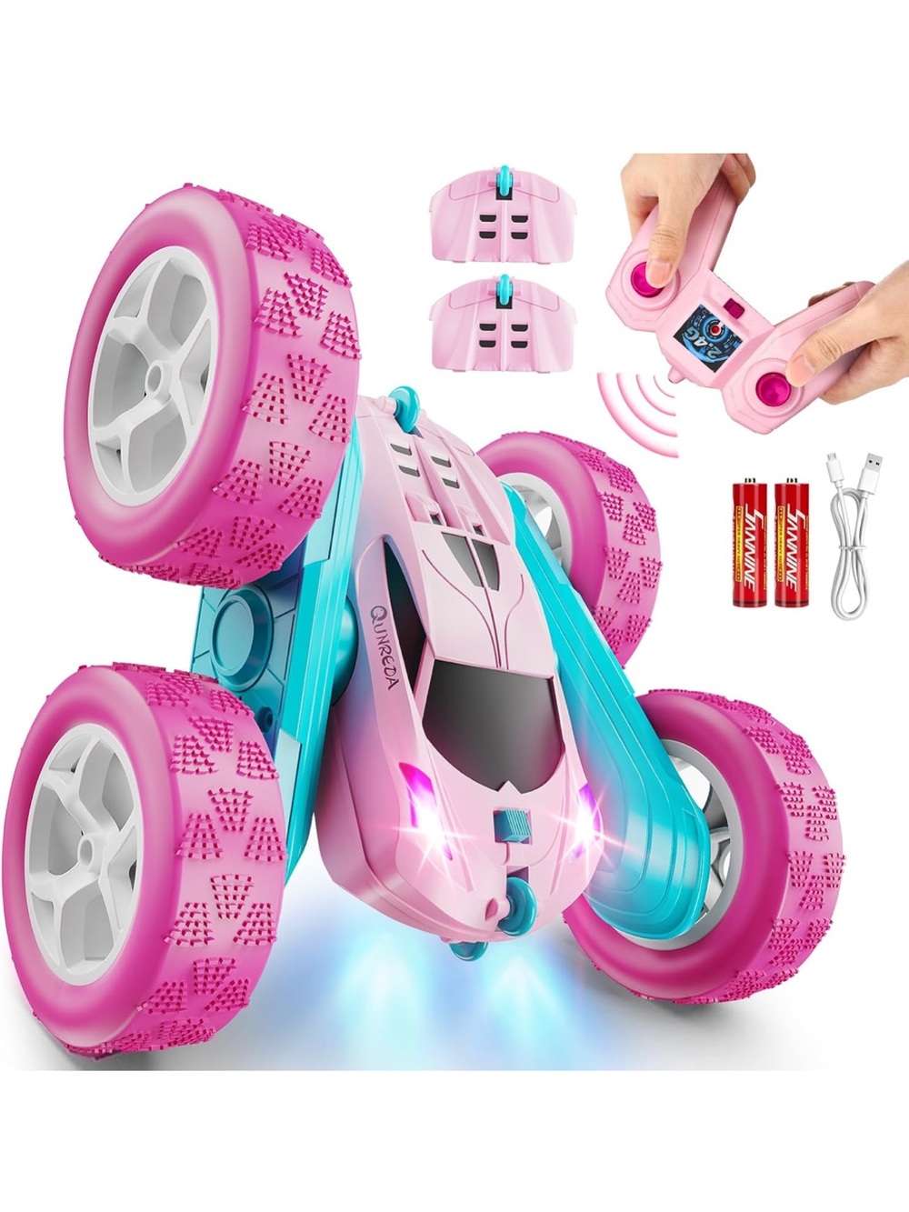 NEW QUNREDA Pink RC Stunt Car 360° Double Sided Remote Control Headlights